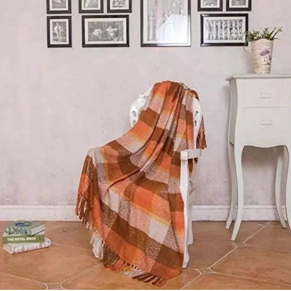 Orange Plaid Blanket Throw Acrylic Soft Reversible Dyed Fringed Bed Blanket f... - Picture 2 of 14